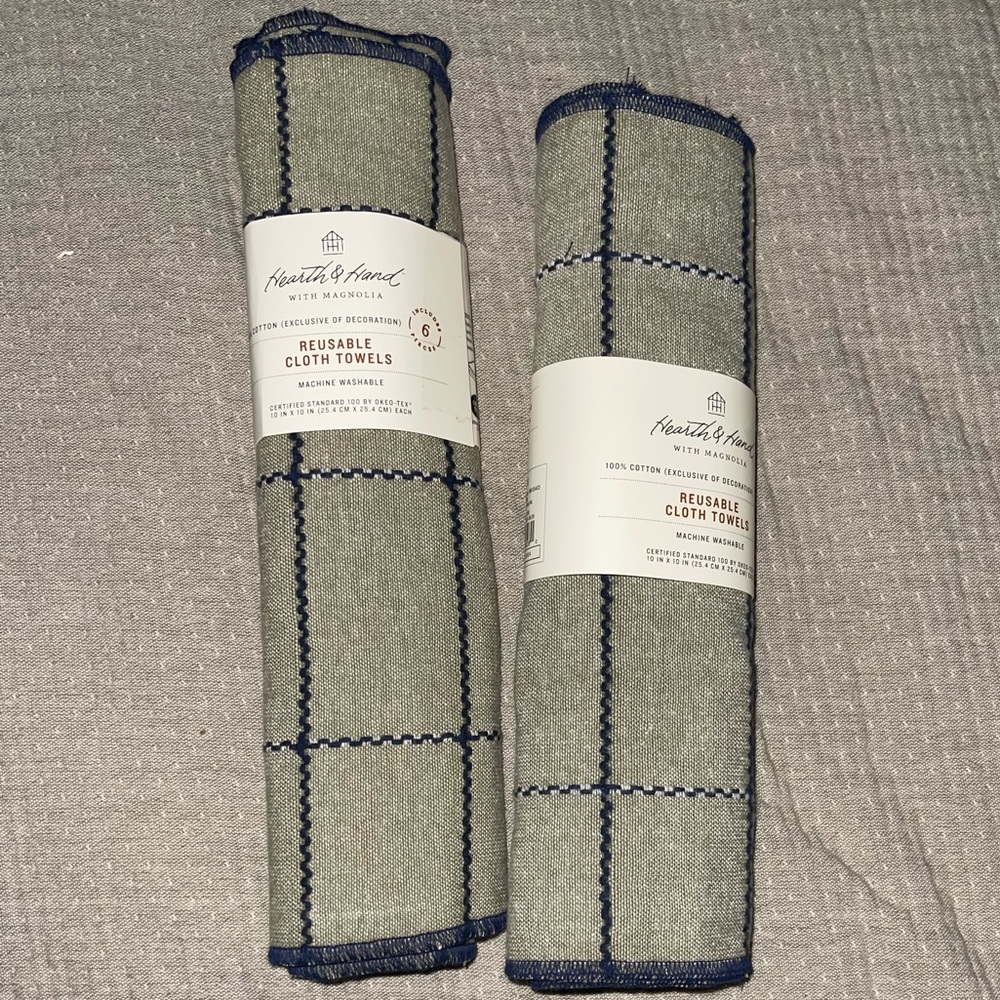 12 Hearth & Hand Magnolia 6 Stitch Grid Reusable Cloth Towels Green/Navy 2 packs